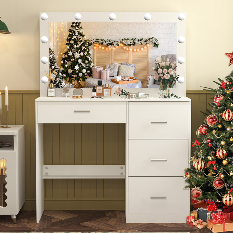 Ebern Designs White Vanity Desk With Mirror And Lights 3 Colors Adjustable Brightness Large Glass Top Hollywood Makeup Vanity Mirror With 11 Lights Bedroom Vanity Dressing Table With 4 Storage Drawers...